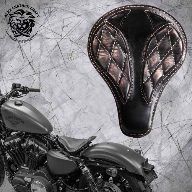 Solo Selle + Montage Kit Harley Davidson Sportster 04-20 "Long" Vintage Noir et Beige V3